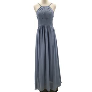 BRIDESMAID SZ 2 XS slate blue pleated halter lace up maxi formal dress B22
